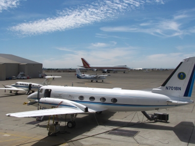 Looking front to rear: the G-1, NASA B-200 King Air, and NOAA Twin Otter aircraft.