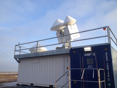 The ARM SACR and KAZR radars scan the sky prior to incoming snow at Oliktok Point, Alaska, during the ARM CGA. 