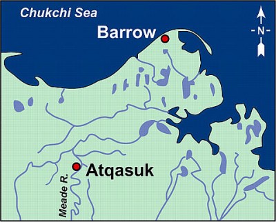 Barrow is located on the edge of the Arctic Ocean, while Atqusak is inland about 70 miles to the south.