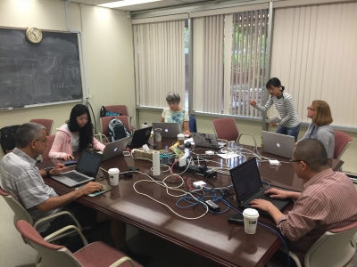 Participants benefitted from working together in the same room, with developers and scientists able to ask each other questions. From left to right: Eugene Clothiaux, PSU; Meng Wang, BNL; Karen Johnson, BNL; Mariko Oue, SBU; Tami Toto, BNL; and Yaosheng Chen, PSU. Not pictured: Pavlos Kollias, SBU; Katia Lamer, PSU; Ed Luke, BNL.