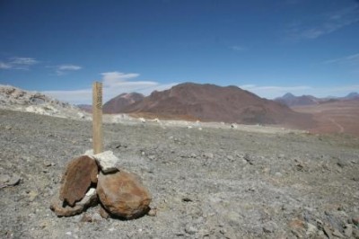 A stake in the ground marks the location for RHUBC-II. The site is at an elevation of 5383 meters on Cerro Toco, one of many mountains that rise from the Chajnantor Plateau in Chile’s Atacama Desert.