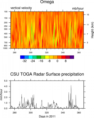 Surface precipitation measurements retrieved from Colorado State University's Tropical Ocean Global Atmosphere, or TOGA, radar and the corresponding vertical velocity based on variational analysis.