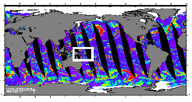 This liquid water plot from SSM/I global data shows long cloud bands and areas of scattered convection (red), including a fairly extensive cloud system in the vicinity of Manus Island in the Tropical Western Pacific (indicated by the white rectangle).