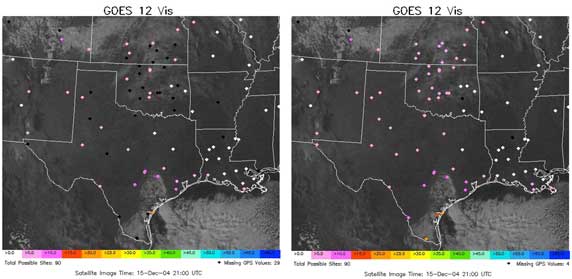 The plot on the left shows all GPS-Met observations for a given time period, with black dots indicating missing data.  One hour later, the plot on the right shows those same observations with most of the missing data filled in.  (Image courtesy of the NOAA Forecast Systems Laboratory.)