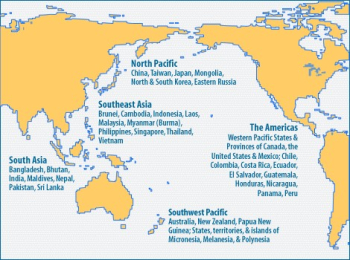 The Pacific Rim includes countries and cities located around the edge of the Pacific Ocean.