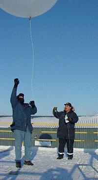 The balloon-borne sounding system consists of a small sensor package—called a radiosonde—attached by a long string to a large balloon.  As the balloon rises, atmospheric measurements recorded by the radiosonde are picked up via an antenna on the ground.
