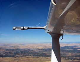 Depending on the science goals for a specific field campaign, aircraft selected for the ARM Aerial Vehicles Program will be outfitted with sophisticated instruments, such as this probe for collecting aerosol data.
