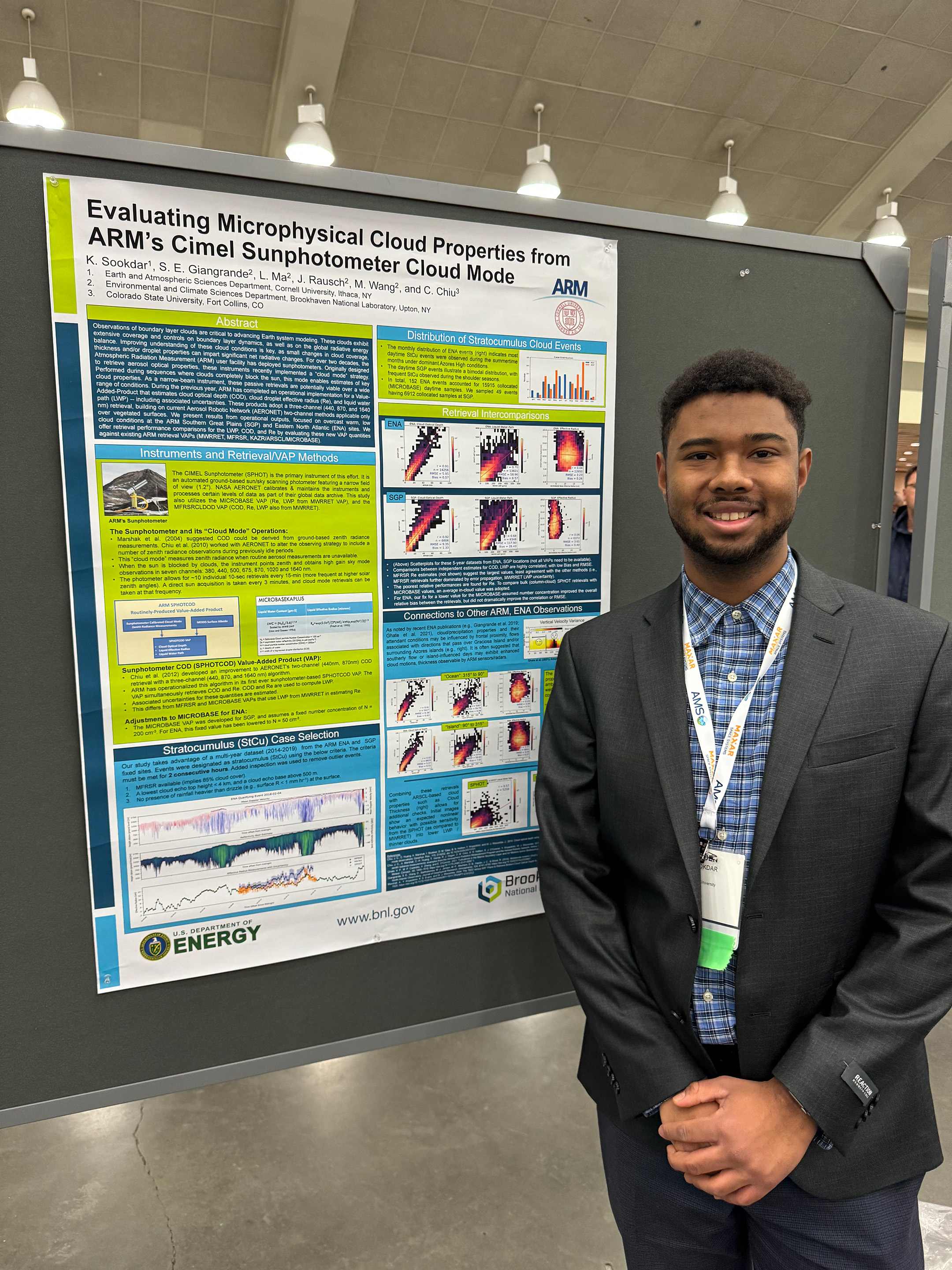 Kaiden Sookdar of Cornell University stands in front of his poster during the 2024 American Meteorological Society Annual Meeting