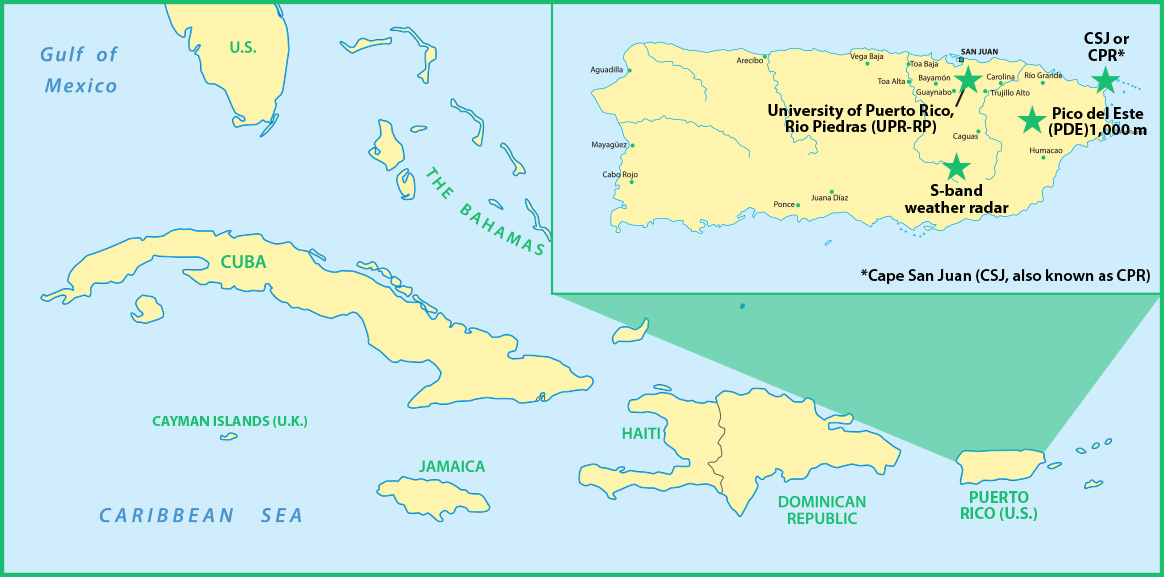 The map shows the two atmospheric observatories in northeastern Puerto Rico that Hurricane Maria destroyed. An unrelated S-band weather radar to the south survived the storm.