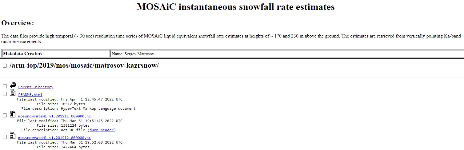 An example of an ARM data directory shows MOSAiC instantaneous snowfall rate estimates.