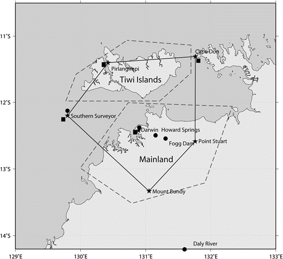 Map of TWP-ICE ground observation network indicates Darwin and sounding stations at Southern Surveyor, Pirlangimpi, Cape Don, Point Stuart, and Mount Bundy