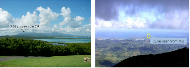 Two locations collect aerosol measurements in Puerto Rico, (left) Pico del Este as seen from Cape San Juan and (right) Cape San Juan as seen from Pico del Este.