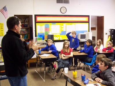 John Hubbe answers questions from 3rd graders at St. Mary's Catholic School in Guthrie, Oklahoma. 