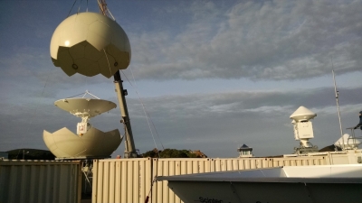 The X-band scanning ARM precipitation radar (X-SAPR) being installed at ARM's Eastern North Atlantic site. 
