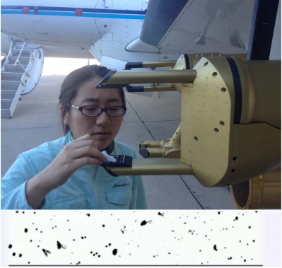 Fan Mei, AAF data manager, is going through the daily routine of cleaning the laser windows of the HVPS (High Volume Precipitation Spectrometer). The HVPS essentially records shadows of large aerosol (such as droplets or ice crystals) that show up between its pair of windows. Bottom: Example section of HVPS records, which reveals that it can also record insects. At low altitudes the summer air over Oklahoma is often teeming with insects. For some of them, the HVPS might record their last moments: Usually the aircraft returns from flight with plenty of impact signs, visible for instance on the top photo when taking a closer look at the HVPS.