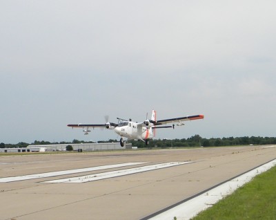 The workhorse for the RACORO field campaign, the CIRPAS Twin Otter, comes in for a landing after completing a research flight.