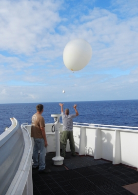 A sonde is launched from the Horizon Lines cargo ship Spirit. Image courtesy of Kevin Widener, Pacific Northwest National Laboratory.