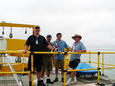 Widener and Mather collaborated in the field many times, including during ARM's Tropical Warm Pool - International Cloud Experiment, which deployed the PNNL Remote Sensing Laboratory (PARSL), an inspiration for the ARM mobile facilities. From left: Kevin Widener, Connor Flynn, Jim Mather, Chuck Long, and in the foreground PARSL Pete!