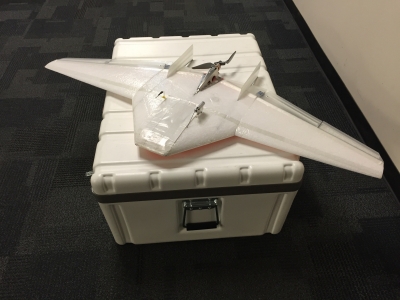 The Datahawk, an unmanned aerial system, fits inside this small shipping case, used for transport.