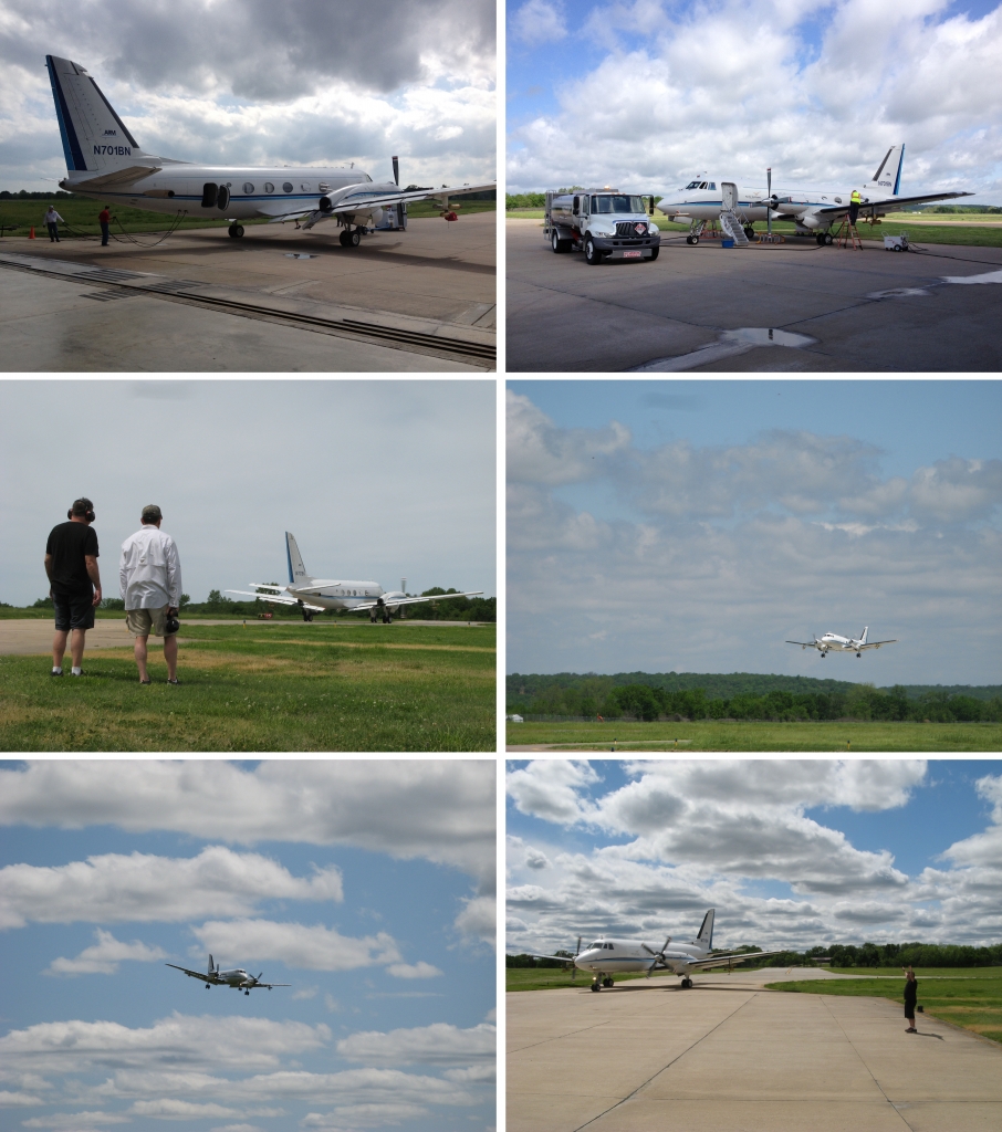Aircraft maneuvers from the ground perspective. Also visible is the typical low layer of scattered clouds, which is the way we like it for this campaign's flights. Top left: First thing in the morning usually, the G-1 is pulled out of the hangar. Here, John Hubbe (payload director, left) and Danny Nelson (technologist, right) take care that the external AC power supply for the science payload is maintained (Mon 4/25). Top right: Refueling once the go-decision has been made, two hours before take-off (Wed 4/27). Middle left: Mike Crocker (lead mechanic) and John Hubbe watch as the G-1 taxis out to the departure end of the runway (Thu 4/28). Middle right: Take-off (Wed 4/27, noon). Bottom left: Coming back in for landing from the 3 to 3 1/2 hours long research flight (Sun 5/1). Bottom right: Mike Crocker is receiving the plane on the ramp in front of the hangar (Sun 5/1).