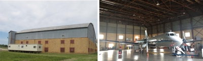 A large hangar at Bartlesville's Municipal Airport is the home of the G-1 aircraft for the next 4 weeks. The gray containers right next to it provide extra office space.