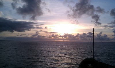 Sunset from the bow: During eight round trips between Los Angeles, California, and Honolulu, Hawaii, [http://www.flickr.com/photos/armgov/sets/72157628502934839/][AMF2 on board the 'Spirit'] (bow seen here) has obtained continuous onboard measurements of several weather and climate-related variables.