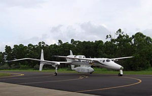 The Proteus taxis to its hangar after completion of its mission in the clouds above Darwin, Australia.