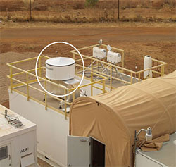 Most of the WACR is mounted on top of one of the AMF shelters.  The WACR computer and chiller (used to keep the WACR cool in temperatures up to 47 degrees C) are located in the shelter below the radar.