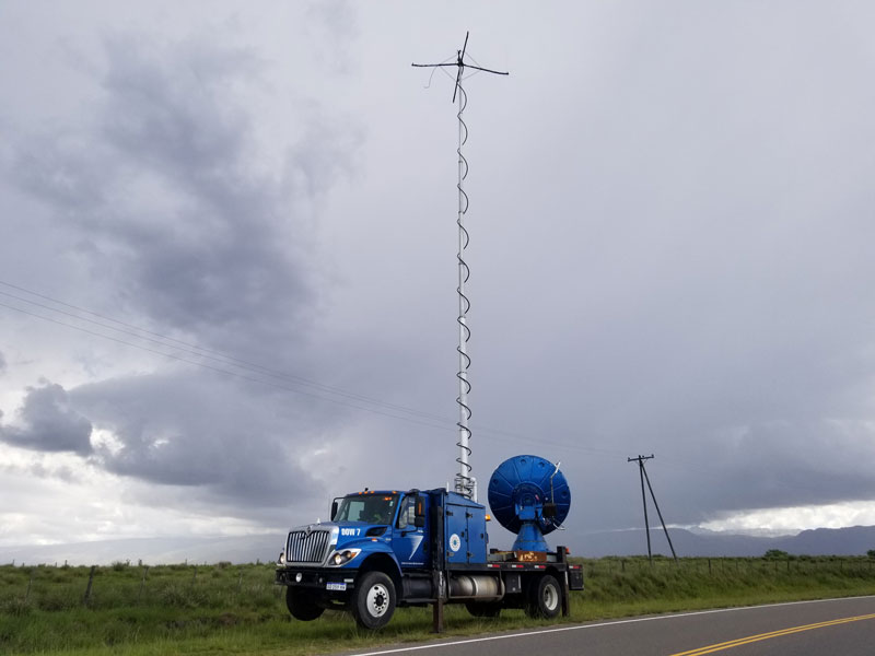 The Doppler on Wheels 7 (DOW 7) truck from the University of Illinois, Urbana-Champaign, mobile radar network scans a thunderstorm in Argentina.