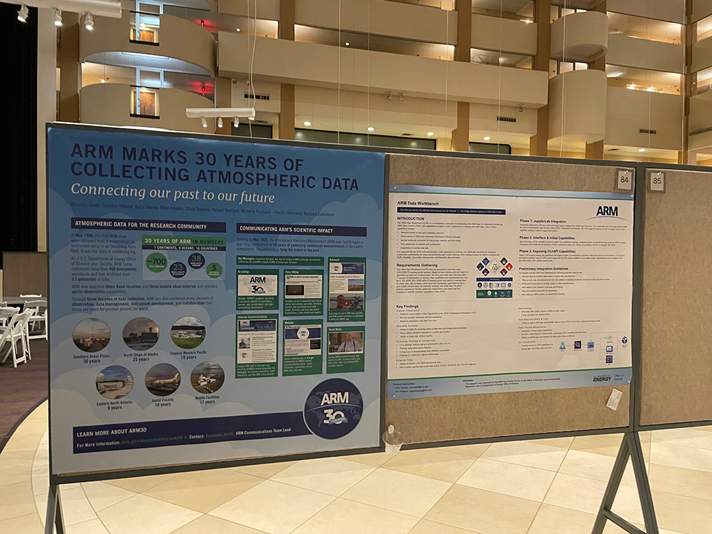 The poster on the left is titled "ARM Marks 30 Years of Collecting Atmospheric Data." A smaller poster to the right is about the ARM Data Workbench.