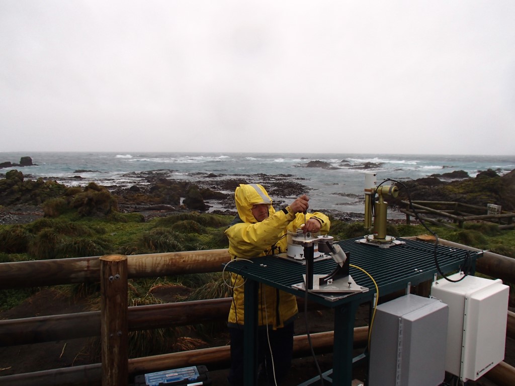 ARM technician Carlos Sousa installs sensors during the Macquarie Island Cloud and Radiation Experiment (MICRE)