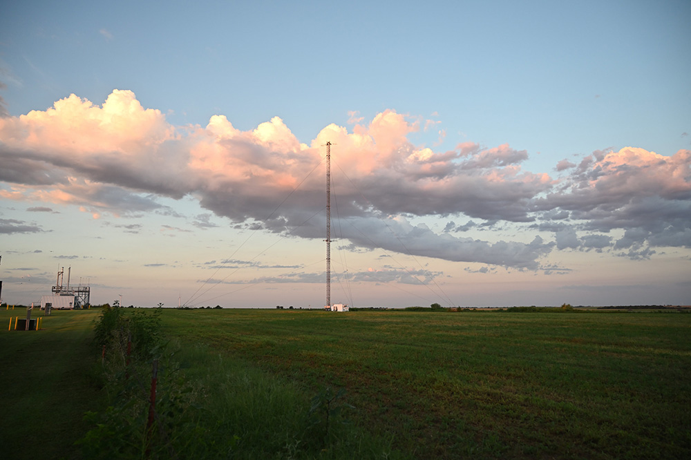 Clouds float beyond a meteorological instrumentation tower at ARM’s Southern Great Plains Central Facility near Lamont, Oklahoma.