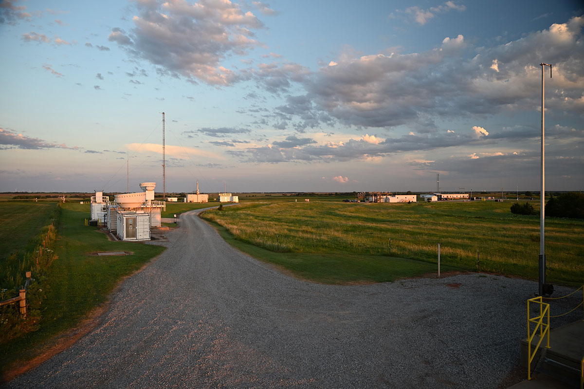 Radars, lidars, Aerosol Observing Systems, a meteorological tower, and facility buildings are visible at the Southern Great Plains Central Facility.