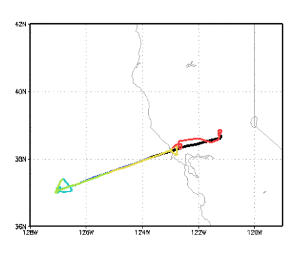 Diagram of the G-1's flight-plan over the Sierra Nevada and Pacific Ocean.