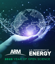 Graphic of a person holding a digital globe with lines and dots to indicate data being shared. The ARM and DOE logos are in white above the text "2023 Year of Open Science" in green.