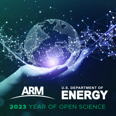 Graphic of a person holding a digital globe with lines and dots to indicate data being shared. The ARM and DOE logos are in white above the text "2023 Year of Open Science" in green.