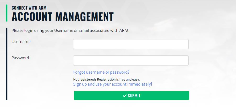 The Account Management web page asks you to log in to your ARM account using your username or email associated with ARM.