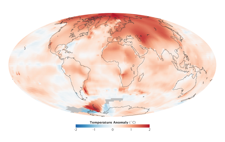 A world map shows temperature anomalies from -2 (blue) to 2 degrees Celsius (dark red). The darkest red appears over the Arctic and parts of Asia.