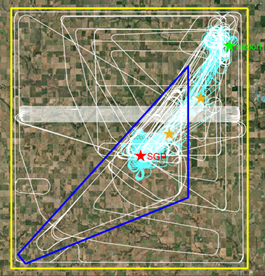 UAS flights tracked at the SGP: The yellow boundary indicates the area in which the Federal Aviation Administration authorizes agencies to operate UAS. Light blue shows previous flight paths at the SGP. White indicates expanded August 2023 flight paths (an operations area increase from 29 to 380 square miles).