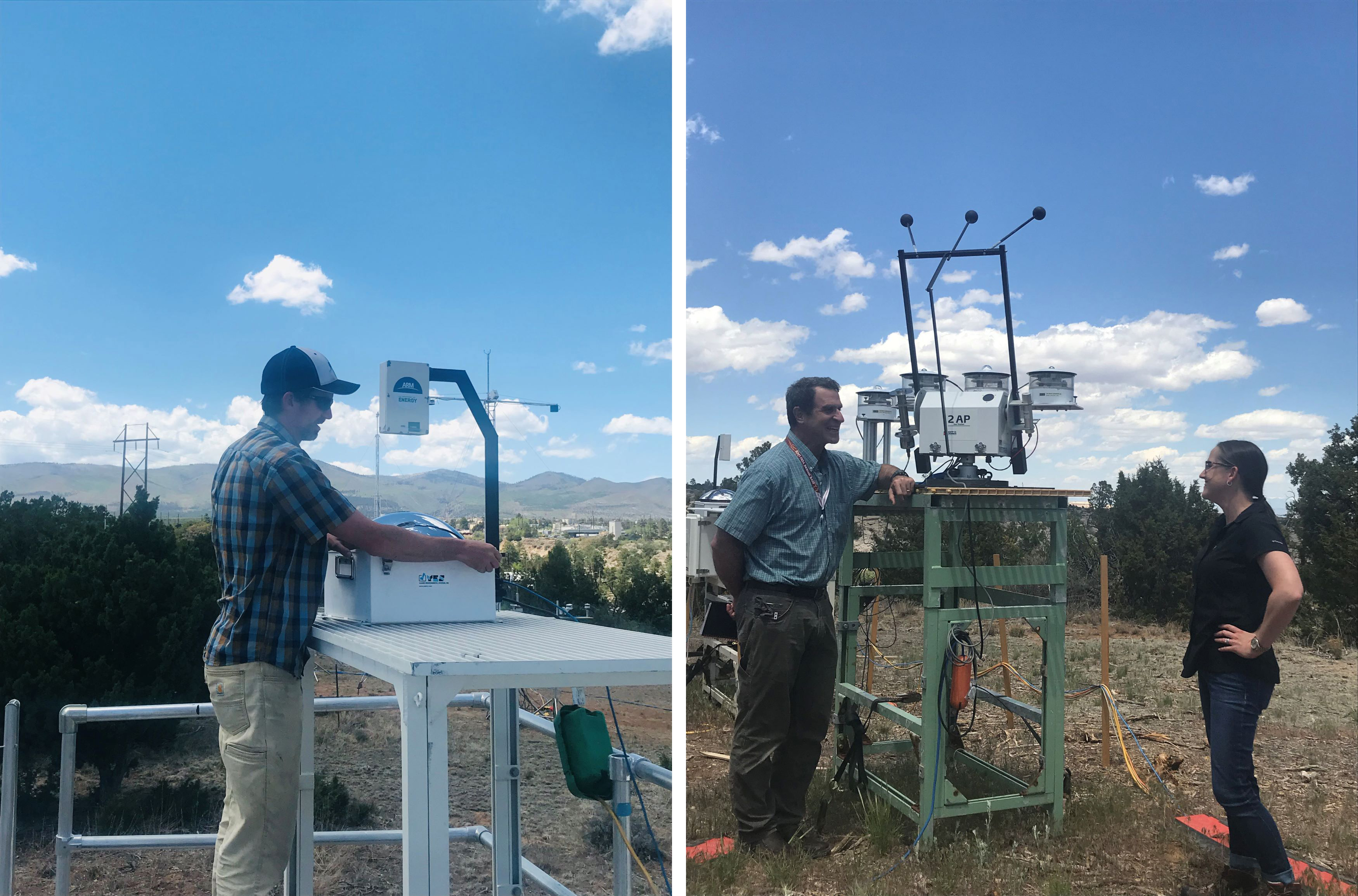 Left photo: John Bilberry adjusts the total sky imager during beta testing. Right photo: Allison Aiken talks with Andrew Wolfsberg, who leads Los Alamos National Laboratory's Earth and Environmental Sciences Division.