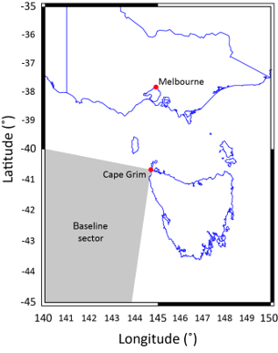 A map shows the baseline sector extending southwest from Cape Grim at the northwestern tip of Tasmania. The map also shows Melbourne, Australia, across the strait.