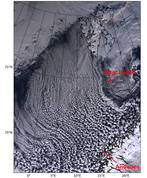 A satellite image shows "cloud streets" streaking southward over the Norwegian Sea. Bear Island and Andenes are labeled on the map.
