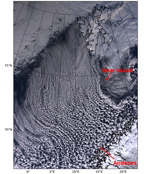 In a satellite image from high over the Norwegian Sea, a cold-air outbreak spurs the formation of “cloud streets.”