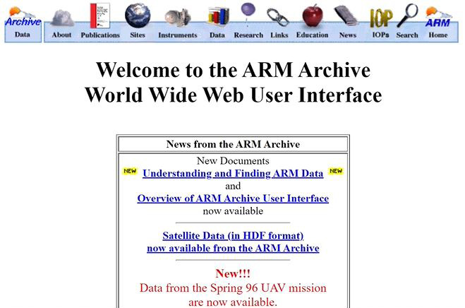 A screen grab shows how the ARM Archive web interface looked circa 1998, with a bar across the top showing different icons for the data archive, about, publications, sites, instruments, data, research, links, education, news, IOPs, search, and home.