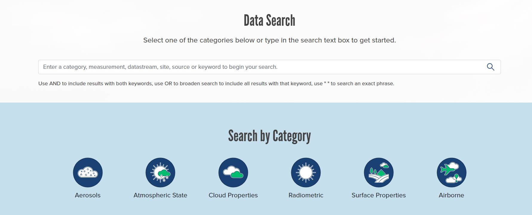 A screen grab from Data Discovery shows a search bar where a user could type in a category, measurement, datastream, site, source, or keyword, and a separate search section by category.