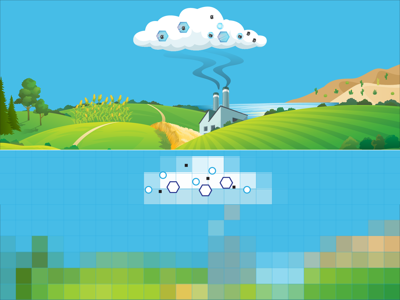 Illustration showing detailed, real-world view of the world above a pixelated, modeled version of the same image