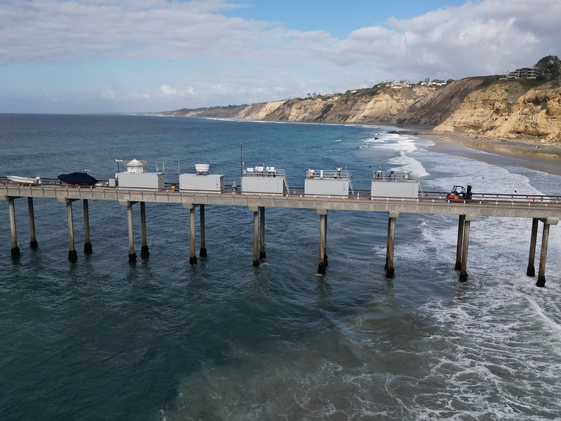 A view of the Pacific Ocean and ARM instruments on the Ellen Browning Scripps Memorial Pier in La Jolla, California