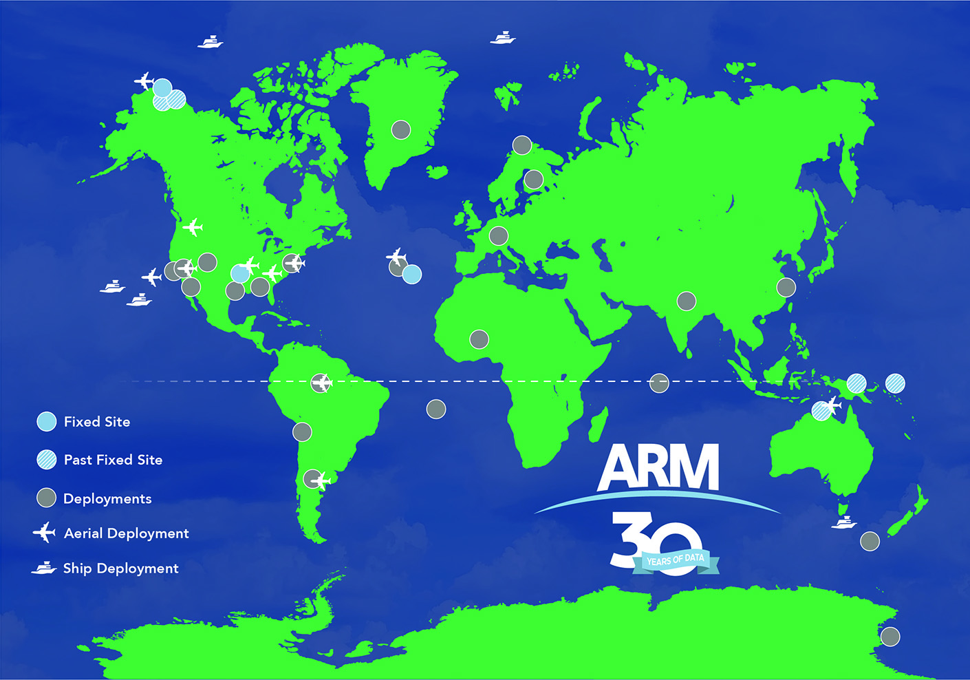 This world map marks fixed sites, past fixed sites, deployments, aerial deployments, and ship deployments.