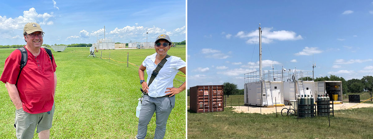 At left, Michael Jensen and Gabi Pessoa stand near each other at the ARM Mobile Facility site in La Porte, Texas. At right, ARM instruments and containers sit on a patch of land in Guy, Texas.
