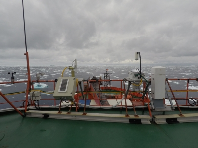 ARM instruments collect data on a ship traveling across the icy Southern Ocean.